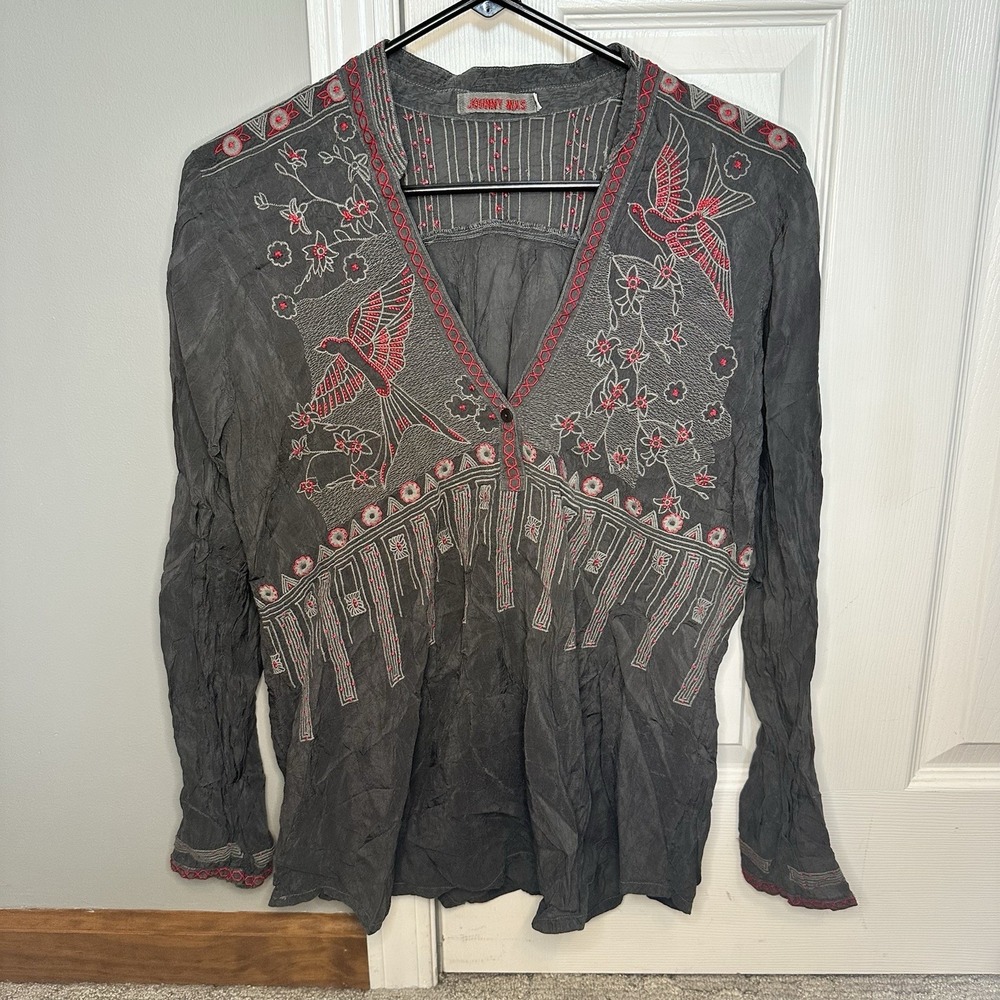 Johnny Was Vintage Charcoal Gray & Red Embroidered Bird Tunic | Cupra Rayon | Sm